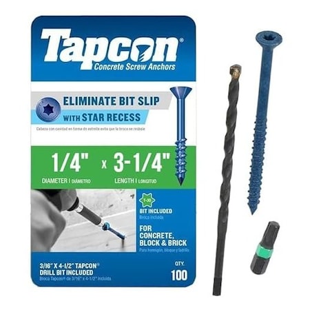 Tapcon 1/4-inch x 3-1/4-inch Climaseal Blue Slotted T30 Concrete Screw Anchors With Drill Bit, 100PK 3350T30
